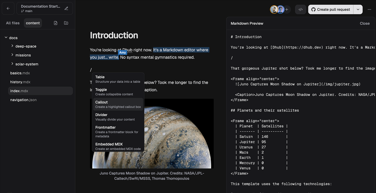 Screenshot of Dhub's WYSIWYG editor with Markdown preview open on the right side